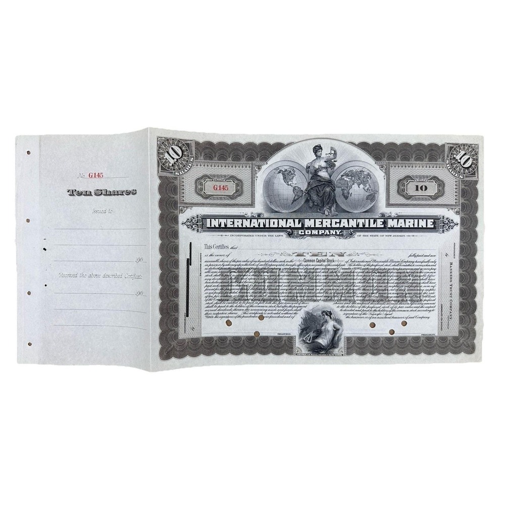 RARE 1st ISSUE UNCUT International Mercantile Marine‎ Company (Titanic) Stock
